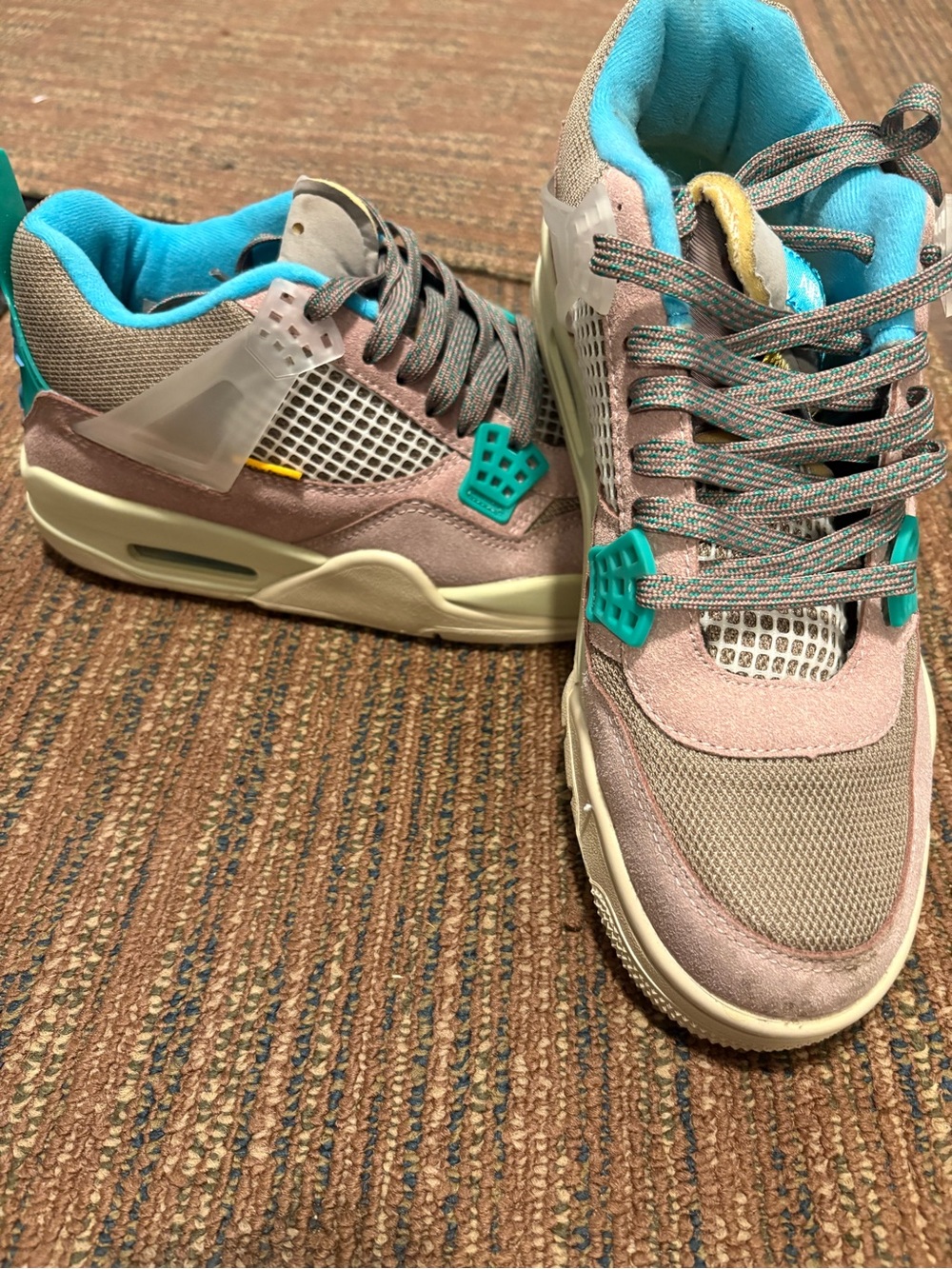 Jordan Sneakers in Teal and Yellow with Red Nail Accent